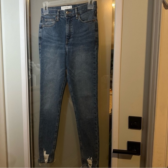 TOPSHOP Size 26 (Size 2) Jamie Blue Medium Wash Chewed Hem Skinny Ankle Jeans - Picture 4 of 8
